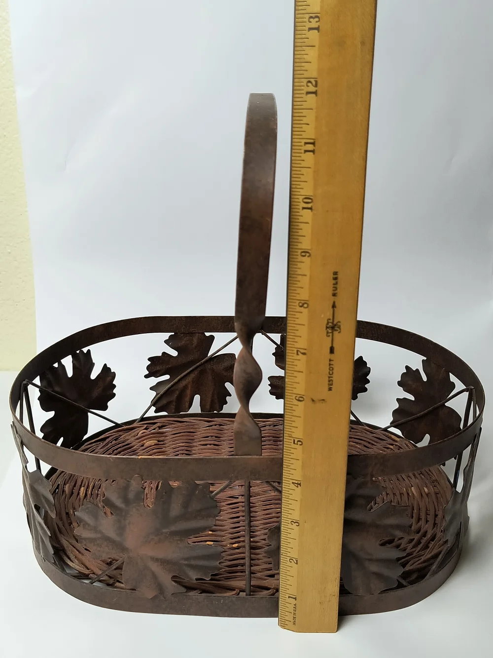 Rustic Brown Leaf Metal Basket with Handle - Farmhouse Centerpiece